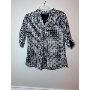 Liza Byrd Womens Black White Geometric Diamond Print Roll Tab Sleeve Tunic Top